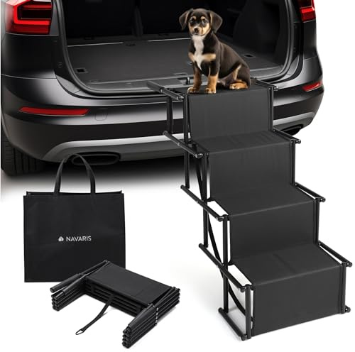 Navaris Vikbarbil-hundtrappa – 4-stegs hundtrappa – stabil strappa – husdjurstrappa – med bärväska – 36 cm bred – svart