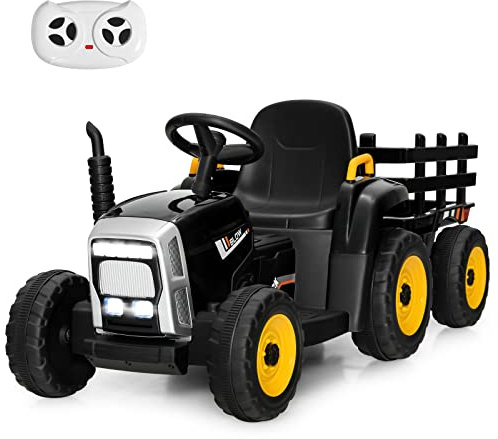 COSTWAY Ride on Tractor and Trailer, 12V Battery Powered Electric Kids Toy Car with Remote Control, LED Lights, USB & Bluetooth Music, Four Wheels Ride on Toys for Children Ages 3+ (Black)