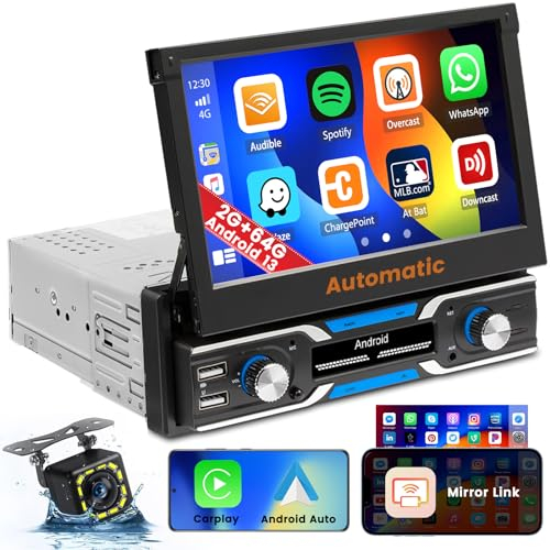 Hikity 2+64GB Android13 Autoradio Navi 1Din mit Automatisch Bildschirm Ausfahrbar,Wireless Carplay Android Auto, 7Zoll Din 1 Android Radio Con GPS WIFI Bluetooth FM AUX 2USB Mirror Link Rückfahrkamera