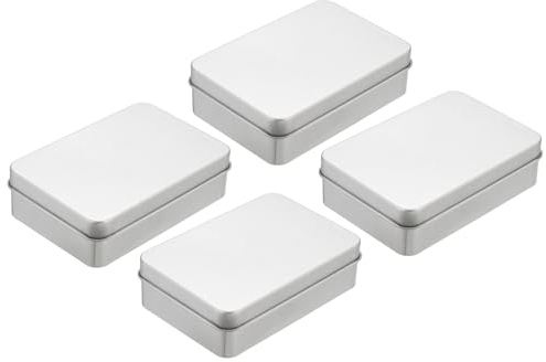 sourcing map Metal Tin Box Container, 4Pcs 4.2x2.8x1.2 Inch Silver Mini Portable Metal Rectangular Empty Hinged Tins Boxes with Lid for Candy Tins Gift