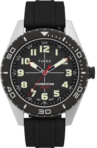 Timex Expedition Field Solar Herren-Armbanduhr, 43 mm, schwarzes Silikonarmband, schwarzes Zifferblatt, IP-Stahlgehäuse TW4B30800