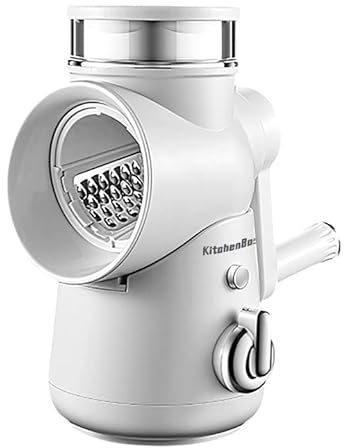 KitchenBoss Gemüseschneider Manuell,Mandoline Gemüsehobel:Käsereibe,Trommelreibe 3 in 1,Geeignet für viele Arten von Gemüse und Obst,Enthält 3 Arten von Klingen aus rostfreiem Stahl,mit Kurbel,Weiß
