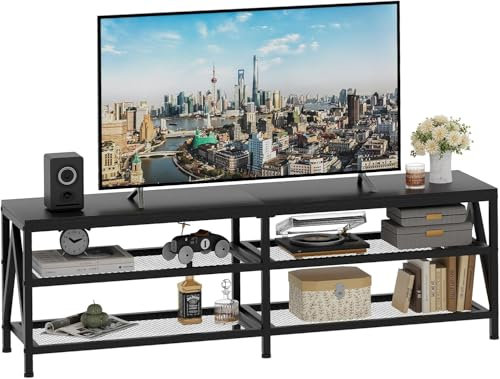 TV-Schrank, Fernsehtisch, Lowboard für Fernseher bis zu 70 Zoll, Fernsehschrank mit 3 offenen Fächern, TV-Regal für Wohnzimmer Schlafzimmer, 160 x 40 x 50 cm, Industrie Design, Stahlgestell, Schwarz