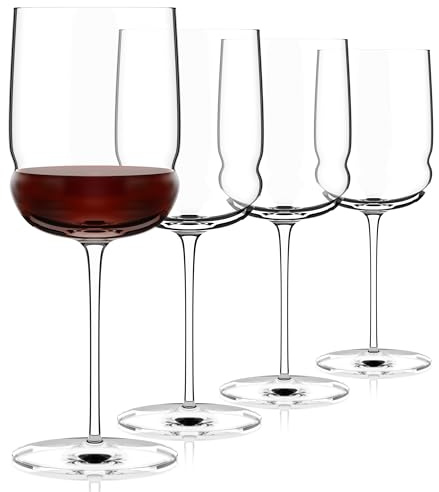 Luigi Bormioli Grandioso – Lot de 4 verres à vin Cabernet/Merlot de 650 ml – Tige renforcée en titane – Fabriqués en cristal SON-hyx – Verre à vin rouge au design sinueux – Passe au lave-vaisselle –