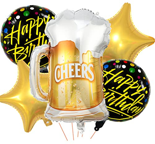 Feelairy Folieballong, ölflaska, dekoration, 5 stycken ballonger, vinflaskor, champagneflaskor, jätte heliumballonger, ölflaska, ballonger, Happy Birthday-dekoration för födelsedagsdekoration,
