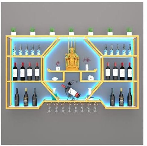 Weinregal Zur Wandmontage Mit Beleuchtung, Wein Regal, Bar Regal Wand, Weinglashalter Wand, Flaschenhalter Wand, Moderne Barregale Für Spirituosenflaschen, Weinglas-Lagerregal Für Heimbar Küche(Gold,2