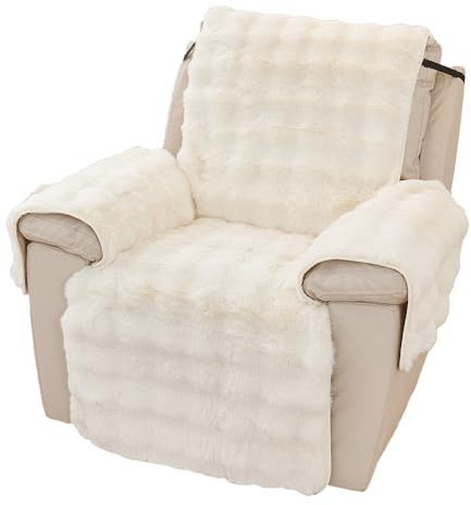 NUODWELL Thick Rabbit Plush Recliner Chair Cover, Super Soft Faux Fur Armchair Slipcover, Non Slip Washable Furniture Protector Cover with Tightening Straps for Kids and Pets (Beige)
