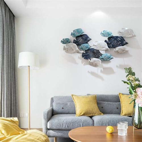 Wanddekoration aus Metall, Fisch, 88,9 x 42,3 cm, großer Fischschwarm, Wandkunst, 3D-Fisch-Wandskulptur, Heimdekoration für Wohnzimmer und Schlafzimmer