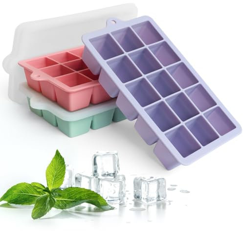 Ice Cube Tray with Lid, 3 Packs 45 Cubes, Silicone Ice Cube Mold Large Reusable Moulds and BPA Free for Whiskey, Cocktail, Drinks&Baby Food, Freezer, Souper（Purple+Pink+Green）