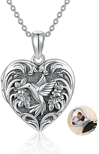 URONE Kolibri Medaillon Kette Silber 925 Kolibri Medaillon Herz Anhänger Halskette Kolibri Schmuck Geschenk für Damen