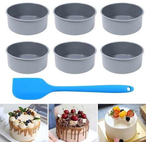 4 Inch Silicone Cake Tins for Baking, 6 Pack Small Round Baking Moulds Silicone Muffin Baking Tray With Scraper, Nonstick & Quick Release 10 cm Cupcake Baking Pan for Muffin, Mousse Bread (Grey)