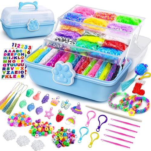 ROSHUKG 50 Farben Loom Bänder Set mit 3 Schicht Niedlicher Aufbewahrungsbox, DIY Gummibänder Armbänder für Jungen Mädchen Weben Geschenk(Blau)