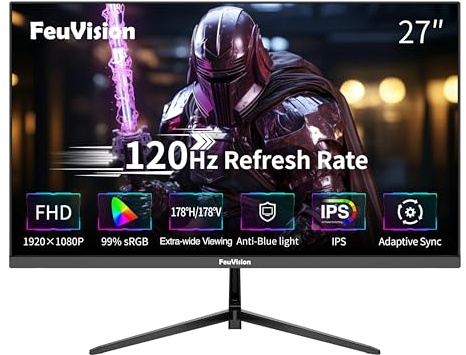 FeuVision 27 Zoll Monitor 120Hz, FHD 1080p, PC Bildschirm, IPS, 1ms | Adaptive-Sync, 99% sRGB, VESA, Rahmenlos Bildschirm, Blaulichtfilter, HDMI, VGA Anschluss (PS5 unterstützt 60 Hz)