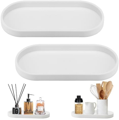 2 Pcs Bathroom Vanity Tray, Silicone Dresser Jewelry Ring White Dish, Decorative Cosmetic Non Slip Tray, Tank Storage Kitchen Sink Countertop Organizer Plate Holder for Perfume Candles Soap Towel