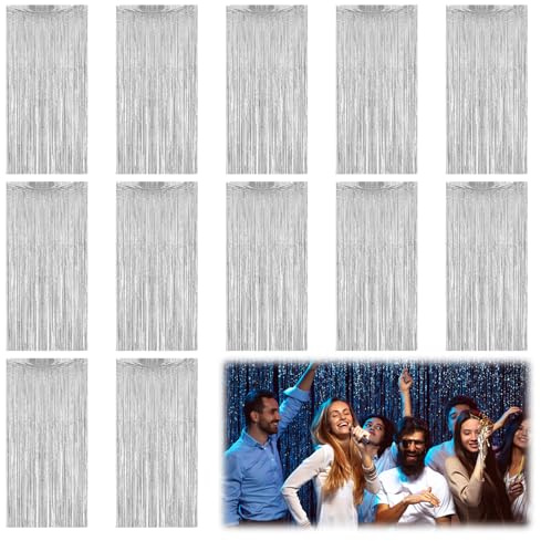 Lametta Vorhänge Silber, 12 Stück Lametta Vorhang, Glitzer Vorhang Luftschlangen Dekoration Hintergrund Folien Fransen Vorhänge für Geburtstag Weihnachten Neujahr Hochzeit Party, 1x2m