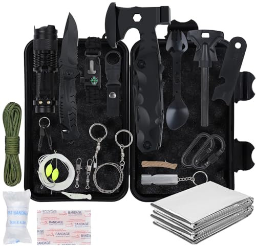 Utomhus-nödsituations-överlevnadskit 18 i 1, professionellt nödfallsset utomhus hemma, premium set kniv utomhusutrustning, överlevnadsutrustning, för camping, bushcraft, vandring, jakt, äventyr, män
