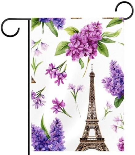 Drapeau de jardin en polyester 30 x 45 cm, drapeau de bienvenue pour l'été, la ferme, les vacances, les décorations extérieures, fleur de lavande, lilas, tour Eiffer