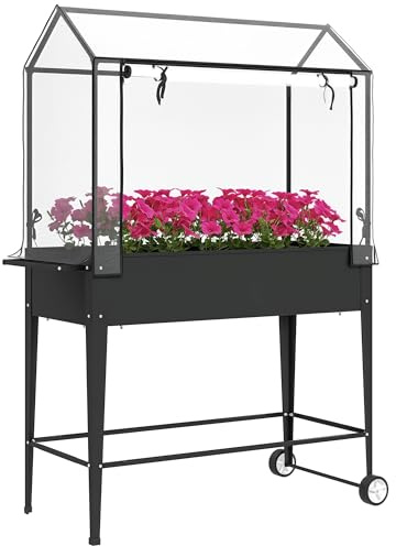 Outsunny Carré Potager sur Pieds avec bâche en PVC, jardinière surélevée avec Roues, Trou de Drainage et Porte zippée Enroulable, Mini Serre pour Fleurs, légumes, Herbes, 100 x 45 x 152 cm, Noir
