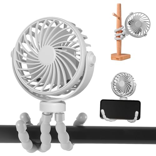 Fancysky Ventilador Portátil para Cochecito,Ventilador USB de Trípode Silencioso Multifunción 3 Velocidade Rechargeable 360° Rotate Flexible Tripod Para Silla de Paseo,Escritorio,Cuna (Blanco)