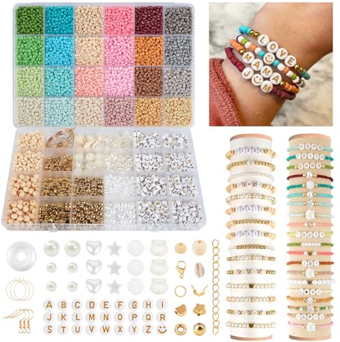 packra Perlen für Armbänder, Armbänder Selber Machen Set in 24 Morandi Farben mit Buchstabenperlen, Holzperlen - Boho Schmuck DIY Bastelset Geschenk für Frauen