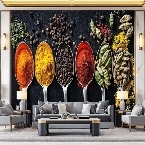 Carta Da Parati Stile Alimentare Spezie Cucchiaio Di Metallo Condimento 3D Fotomurale – Poster Gigante Da Parete Per Camera Da Letto, Soggiorno,Corridoio – Decorazione Murale 250 X 175 Cm
