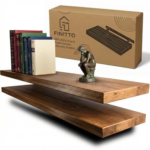 FINITTO 'Filo' | Estanteria Flotante de Madera de Acacia Maciza (Set de 2) | Balda de Pared Premium para Salón o Dormitorio | Estantes Decorativos con Montaje Oculto
