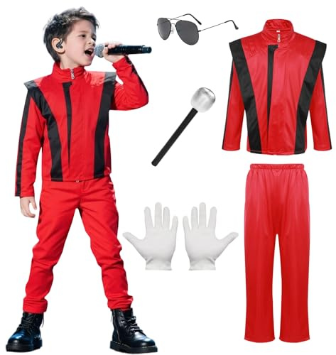Costume du roi de la pop pour homme et enfant - Costume des années 80 - Veste rouge - Musicien - Rétro Rapp Pop - Tenue adulte avec microphone et lunettes de soleil - Costume d'Halloween pour garçons