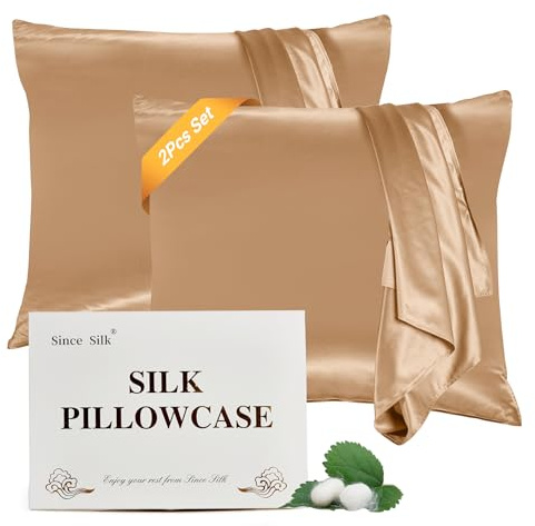 Since Silk Seiden Kissenbezug 2er Set 22 Momme 100% Maulbeerseiden Kopfkissenbezug für Haar und Haut mit Umschlagverschluss SeidenKissenbezug (80x80cm, Champagner)