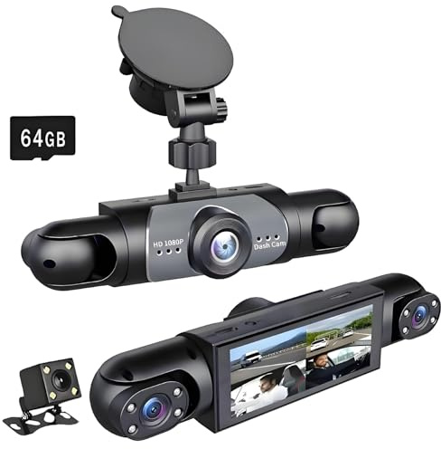 360° Full View Dash Cam och Bak Insida, 4 Channel Dashcam 1080P Full HD Dash Camera för bilar, 24h parkeringsläge, 64GB SD-kort Biltillbehör