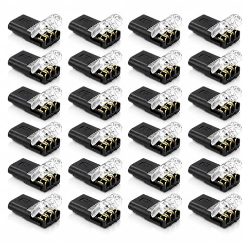 24PCS Low Voltage Wire Connector, 3-Pin 2-Way Plug-In Electric Wire Connectors for 20–24 AWG, Quick Connect No-Strip Speaker Wire Connectors, Reusable T Tap Wire Connector for LED