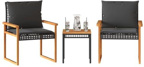Yunovire 3-TLG. Bistro-Set Schwarz, Poly Rattan Akazienholz, UV-beständig, mit Kissen, für Balkon, Garten, Terrasse, Außenbereich