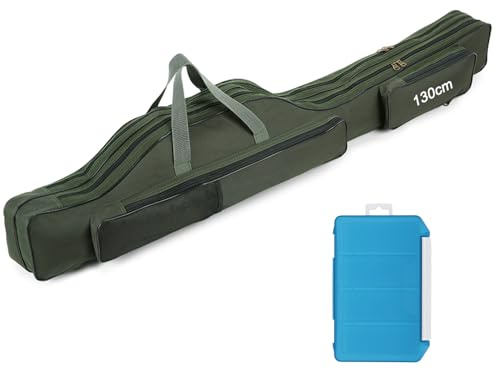 Relaxyee Sac de pêche pour Cannes avec boîte de Rangement, 80 cm/100 cm/130 cm/150 cm, Housse de Transport 3 Compartiments avec bandoulière, Pliable et imperméable, pour pêche en extérieur