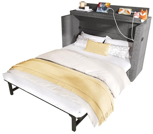 SOFTWEARY Schrankbett mit Mehrfachsteckdose und Schubladen, Wandklappbett, horizontal klappbar, platzsparend, Leinen (grau, 140x200 cm)