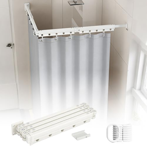 Faltbare Duschvorhangstange Ohne Bohren mit Wasserdichtem Duschvorhang, Drehbare Duschstange L-Form U-Form oder Gerade, Duschvorhang mit Stange für Badezimmer Badewanne (Weiß, 4-fach faltbar)