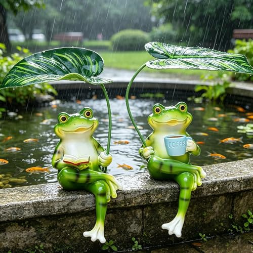 AXVRAV 2 Stück Frosch Figuren Deko für Draußen, Harz Frosch Statue Garten, Wetterfest Gartenfigur Teichdeko Miniteich Garten Deko Ornament für Blumentopf Gartenteich Kantenhocker Miniteich Balkon