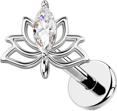 OUFER Body Piercing Lip Stud: Titanium Lotus Cartilage Earring 18G(1.0mm) Threadless Labret Bar with CZ/Moss Agate Helix Tragus Nose Lip Piercing Jewelry