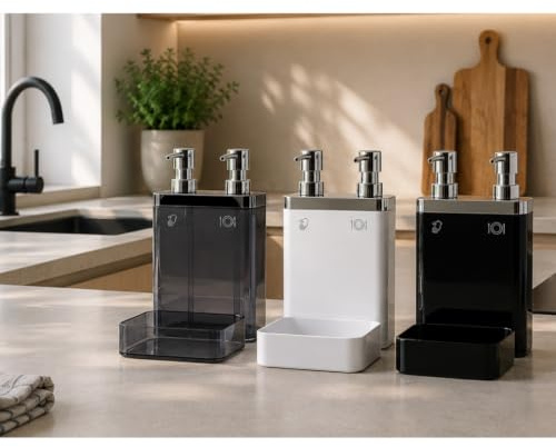 Aspira Home 3-in-1 Küchen Seifenspender mit Schwammhalter – Doppelkammer für Handseife & Spülmittel, herausnehmbare Schwammablage, 300 ml + 500 ml, Schwarz, Transparent oder Weiß (Schwarz)