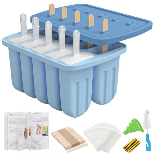 Ice Lolly Moulds 10 Pcs Silicone Popsicle Mold BPA Free Ice Cream Mould | Easy Release Lolly Mould,Large Ice Pop Maker with Dual Sticks: Lids and Wooden for Parties,Plastic Reusable for Home