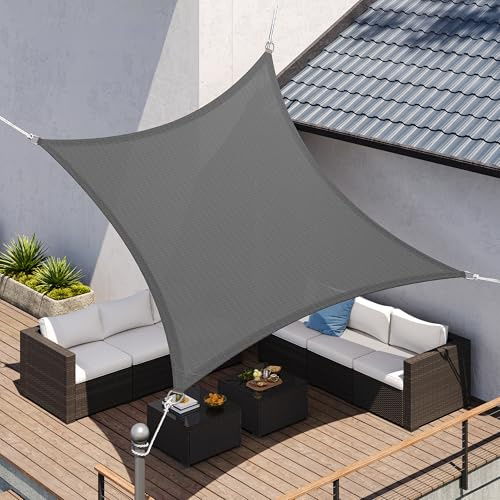 SONGMICS Sonnensegel 3 x 5 m, Sonnenschutz aus HDPE-Gewebe, luftdurchlässig, wasserdurchlässig, für Terrasse, Garten, Balkon, Camping, rechteckig, konkav, 2 m Seile, rauchgrau GSS35GY