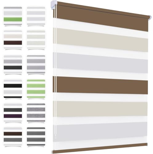 Doppelrollo klemmfix Duo Rollo ohne Bohren, Weiß Beige Braun 50x130cm(BxH), Rollos für Fenster und Tür,Fensterrollo Klemmrollo Seitenzugrollo Easyfix lichtdurchlässig und verdunkelnd