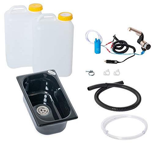 Wasseranlage Imbisswagen Verkaufsanhänger Campingküche 12v Bausatz Spüle schwarz 265x160x100mm + Wasserhahn Barwig Chrom Wasserkanister 19Liter (ad-ideen)
