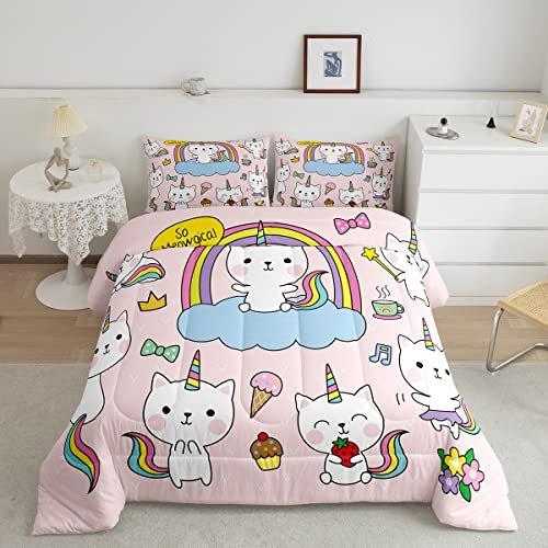 Feelyou Unicorn Cat Bedding Set Cartoon Unicorn Comforter Set for Kids Girls Toddler Cute Kitten Pattern Comforter Rainbow Unicorn Quilted Duvet Set with 2 Pillowcases 3Pcs Bedding Queen Pink
