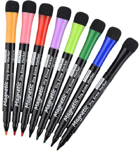 Linkbro in 1 Whiteboard-Marker, 8 Farben magnetischer Whiteboard-Schwamm mit Stiften, trocken abwischbarer Kreidemarker für das Heimbüro, runde Spitze 1–2 mm