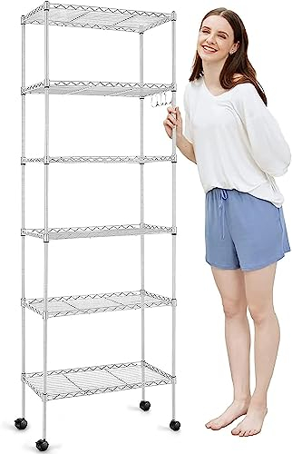 Devo Regal Lagerregal, Regal Schmal Standregale, 6 Ablage Verstellbare Metallregal für Abstellraum Küchen Badezimmer, 54x29x160 cm, Silber mit Rädern