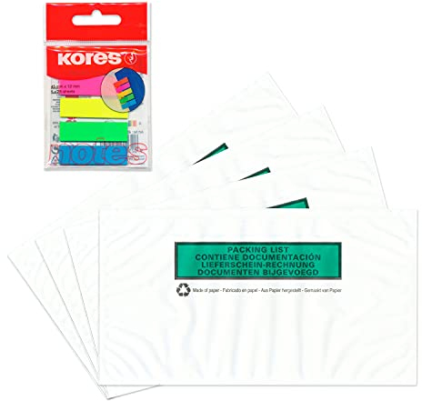 WPTrading - 1.000 x Lieferscheintaschen 228 x 120 mm DIN-LANG Transparent mit Balkendruck Grün Lieferschein/Rechnung Papier inkl. 125 Page-Marker - Dokumenten Begleitpapiertaschen selbstklebend