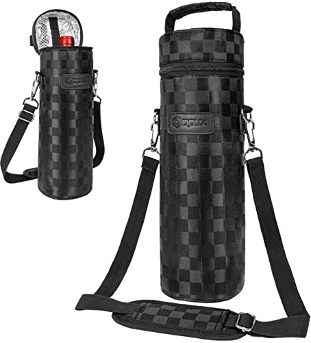 opux Single Bottle Wine Bag Carrier, Insulated Cooler Tote, Black Squares | 1 Bottle Fit, Thermal Insulated Padded Cooler, Wine Lover Gift Women Men Christmas, Protective Case, Shoulder Strap