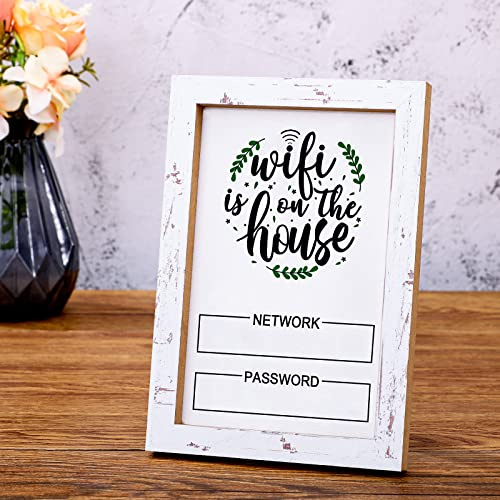 Kathfly Rustic Wifi Pattern Password Sign for Home White Wifi Board Cute Worn Wood Frame with Writable Surface Inches Wooden Network Sign for Guest Business Table Centerpieces Decoration