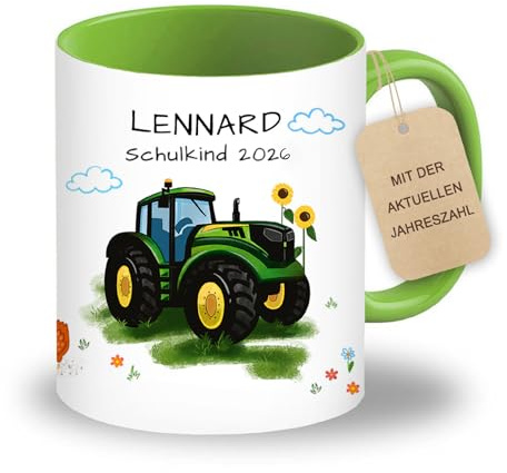 LOOXIS Personalisierte Tasse für Kinder mit Namen, Text & Motiv bedruckt – 325ml, Keramik, versch. Farben – Geschenkidee Jungen, Mädchen, Einschulung, Kindergarten – Grün, Traktor