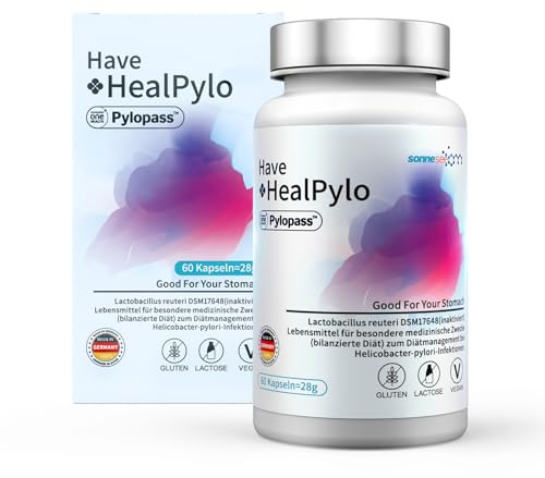 Pylopass contra Helicobacter pylori Lactobacillus Probiotic HealPylo®400mg al día -60 cápsulas -Para el ardor de estómago, reflujo ácido, molestias estomacales causadas por H.p