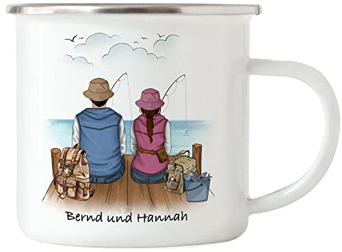Kiddle-Design Angler Pärchen Emaille Tasse Personalisiert Individuell mit Name Angeln Fischen Geschenk Jahrestag Paar Liebe Couple Angelschein